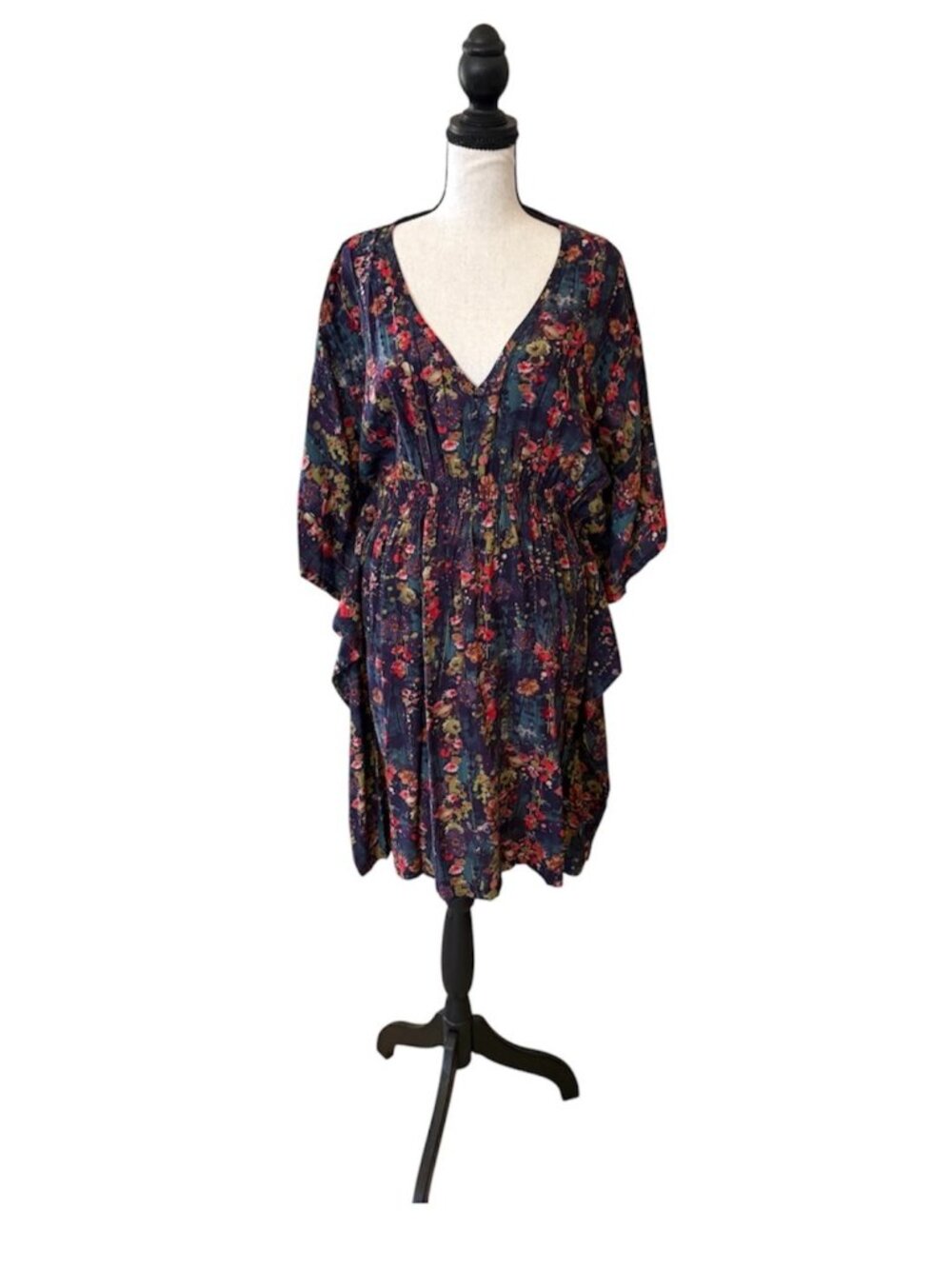 Natural Life Sanibel Mini Dress Kaftan Watercolor Indigo Floral Print Size Large